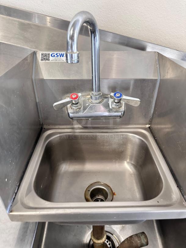 GSW HS-0810S stainless steel wall-mount hand sink with faucet and side splash, excellent condition, fully tested, visible brand label.