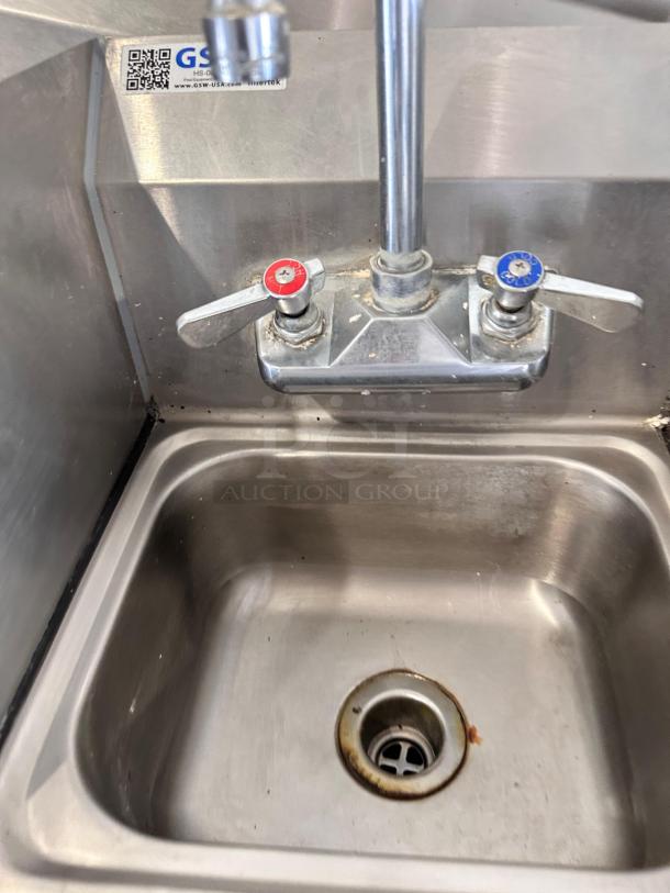 GSW HS-0810S stainless steel wall-mount hand sink with faucet and side splash in excellent condition, fully tested and working.
