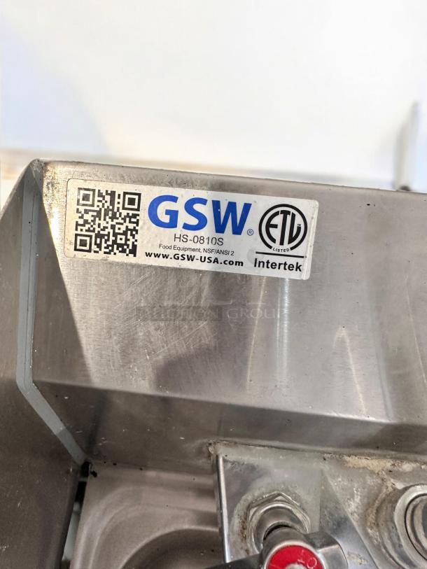 GSW HS-0810S stainless steel wall-mount hand sink with faucet, excellent condition, tested, includes side splash and label.