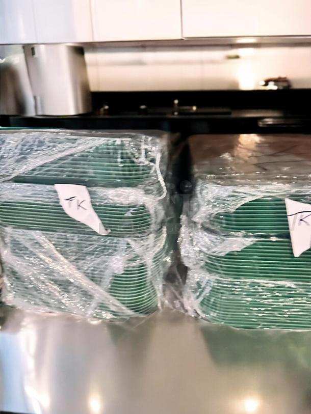 Cambro Camtray® food service trays, green, model 23-3, excellent condition, NSF certified, wrapped, labeled "TK."