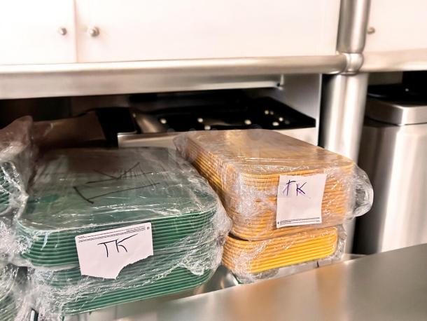 Cambro Camtray® Food Service Trays, green and yellow, model 23-3, excellent condition, NSF certified, wrapped with "TK" tags.