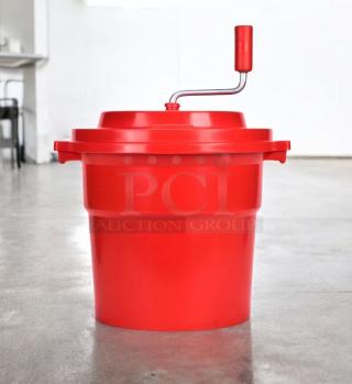 Chef Master manual salad spinner, 5-gallon capacity, red, excellent condition. Features manual crank; fully tested and working.