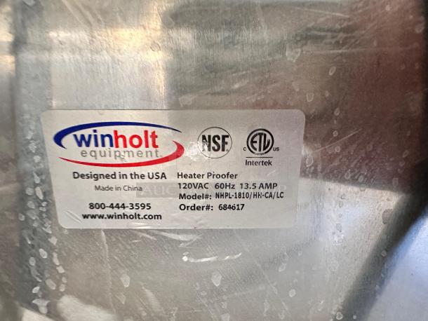 Winholt Heater Proofer, Model NHPL-1810/HH-CA/LC, excellent condition, tested, 120VAC, label with NSF and Intertek certifications.