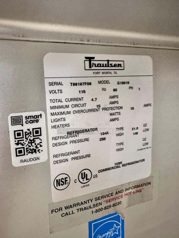 Traulsen Commercial Refrigerator, Model G10010; excellent condition, 115V, fully tested. Serial T88187F08 on label.
