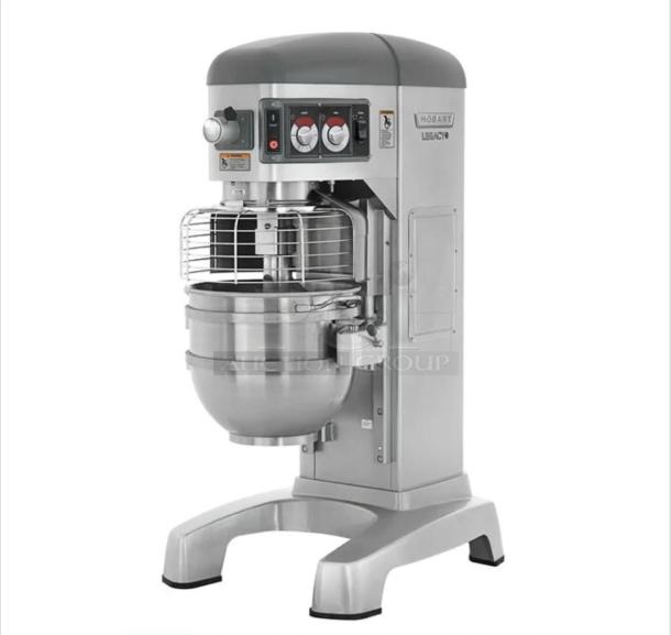 Hobart Legacy+ HL662-1STD planetary mixer in excellent condition, tested and working, featuring control knobs and stainless steel bowl.