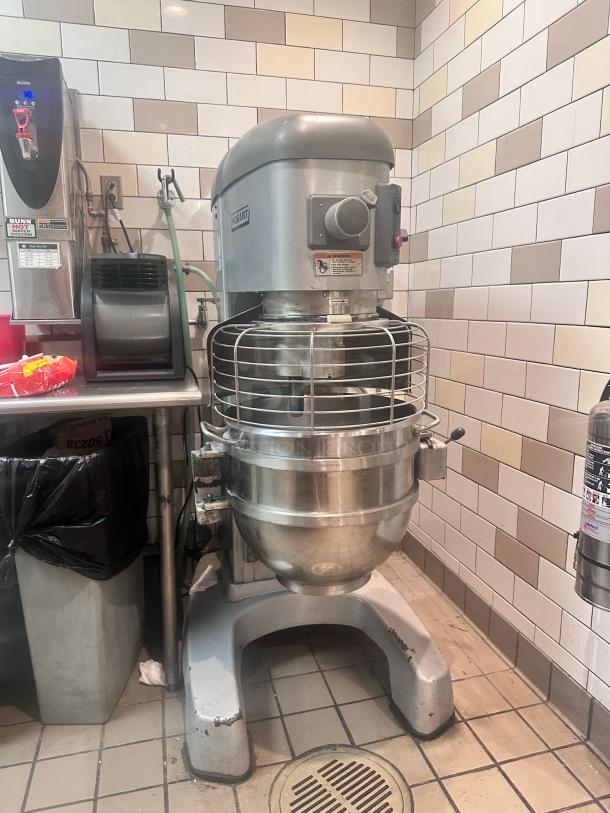 Hobart Legacy+ HL662-1STD planetary mixer in excellent condition, stainless steel, tested and working, safety guard visible.