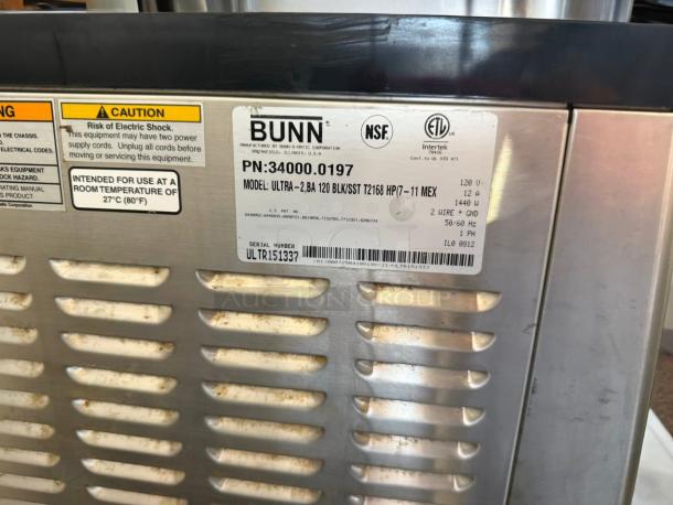 BUNN Ultra-2 slush machine label showing model Ultra-2, BA 120 BLK/SST, serial number ULTR151337, and safety warnings.