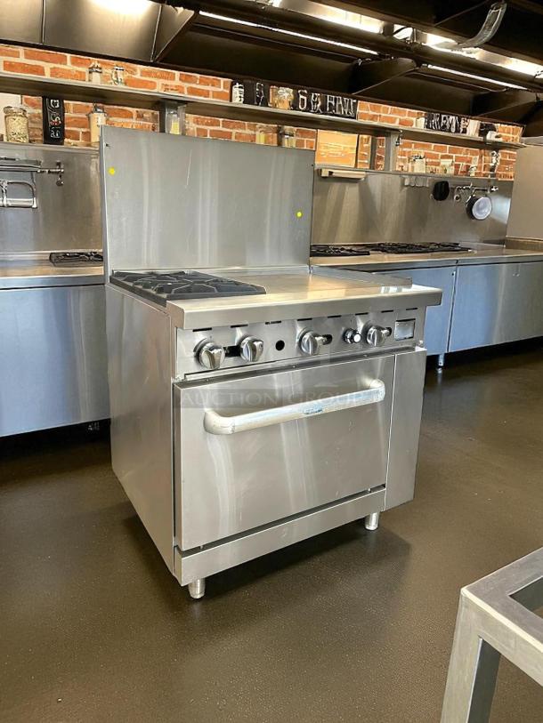 Atosa AGR-2B24GR 36" gas range, 2 burners, 24" griddle, stainless steel, fully tested, excellent condition.