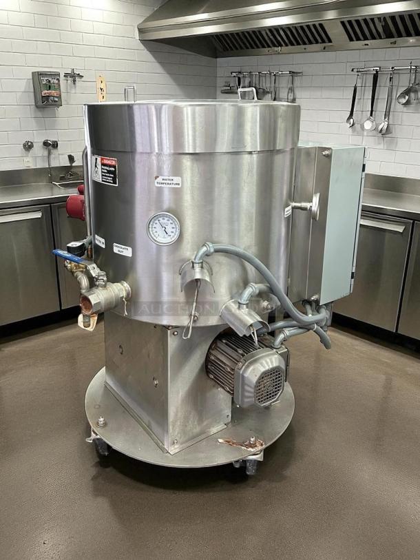 Savage Bros. Model #125, 300 lb chocolate melter and conditioner, stainless steel, tested and working, gauges and labels visible.