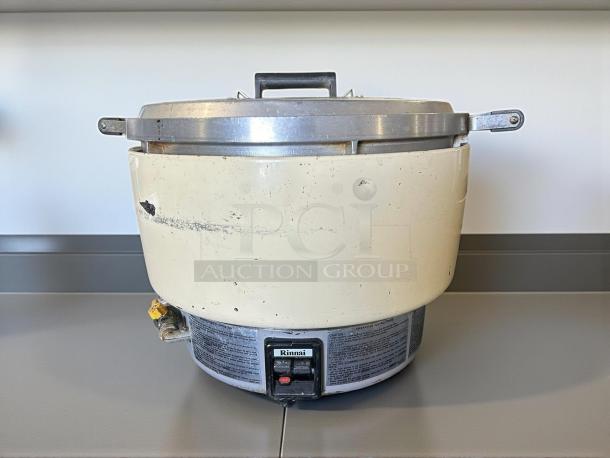 Rinnai RER55ASN gas rice cooker, 55-cup capacity, natural gas, great condition, tested and working, visible control panel.