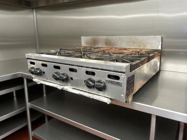 Vulcan VHP636 natural gas 36" 6-burner countertop range, 180,000 BTU, great condition, fully tested, stainless steel.