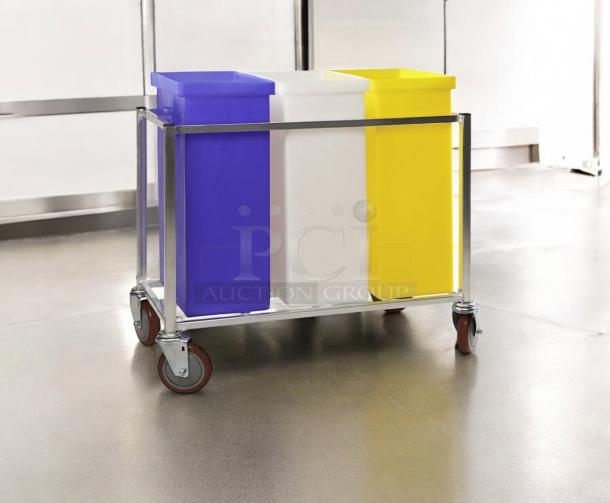 Faribo P434 Triple Bin Recycling Cart in excellent condition, features a sturdy frame, NSF certified with casters for mobility.