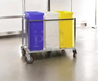 Faribo P434 Triple Bin Recycling Cart in excellent condition, features a sturdy frame, NSF certified with casters for mobility.