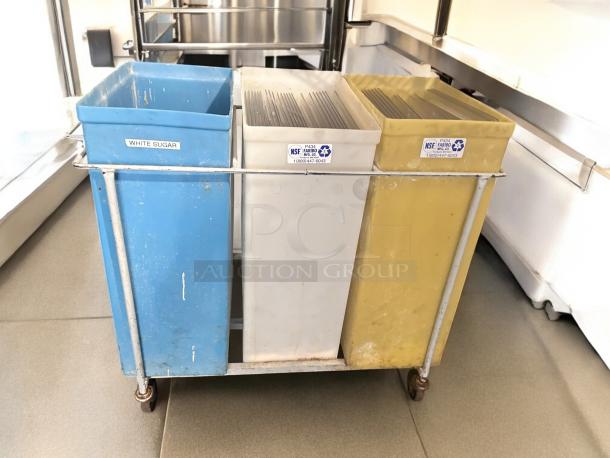 Faribo P434 Triple Bin Recycling Cart, excellent condition, NSF certified, blue, white, yellow bins, labeled for sorting, with casters.