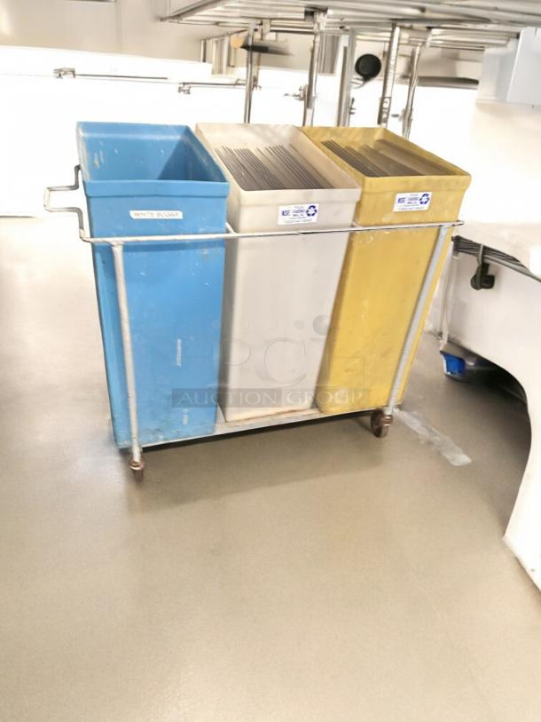 Faribo P434 Triple Bin Recycling Cart, excellent condition, blue, white, yellow bins, NSF certified, casters, fully tested.