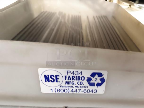 NSF certified Faribo P434 triple bin with frame and casters, label showing make, model, and contact info.