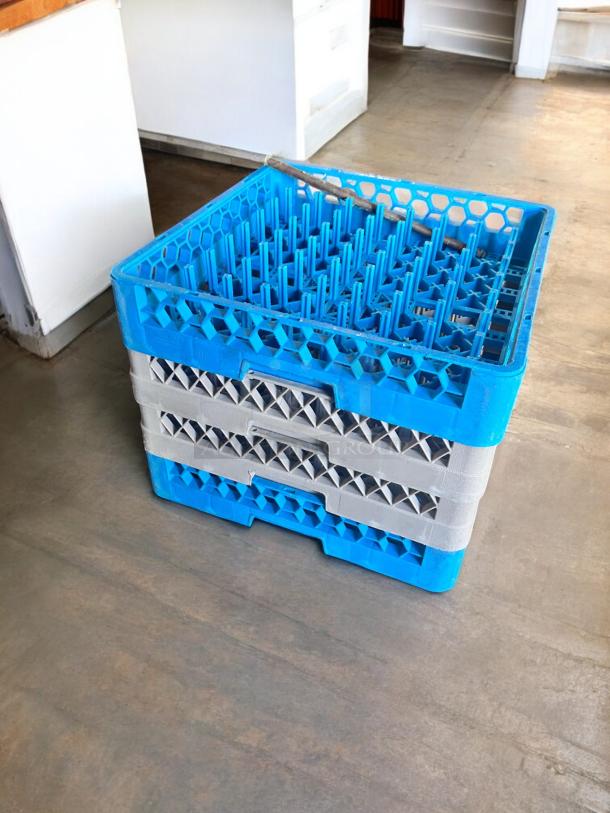 Blue commercial glass rack set with mobile dolly, 19.5" x 19.5". Fits standard dish machines. Excellent condition, NSF certified.