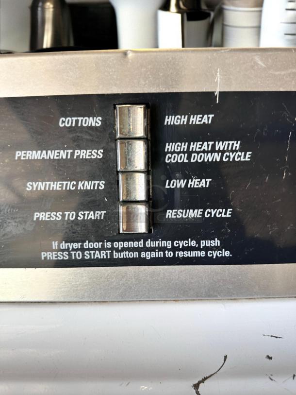 GE DCCD330ED2WC Commercial Dryer control panel, features cottons, permanent press, synthetic knits settings; excellent condition.