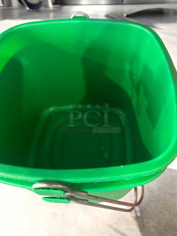 Green Commercial Foodservice NSF sanitizer pail in superb condition, fully tested, features handle and labeled markings.