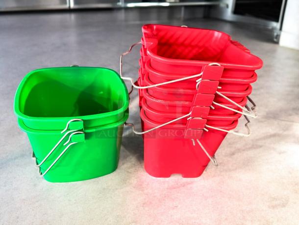 Red and green utility pails, NSF certified, superb condition. Fully tested, ideal for commercial foodservice use.
