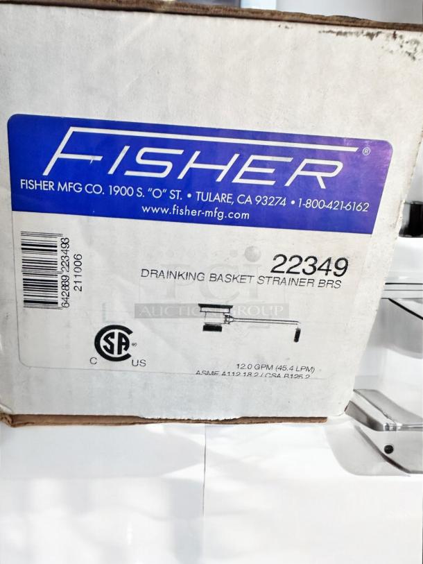 Brand new Fisher 22349 DrainKing Basket Strainer, stainless steel, with overflow tube, NSF certified, 6 available.