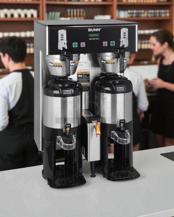 Bunn Dual Coffee Brewer with Airpots, excellent condition, fully tested, stainless steel, operational, model Dual Coffee Brewer.