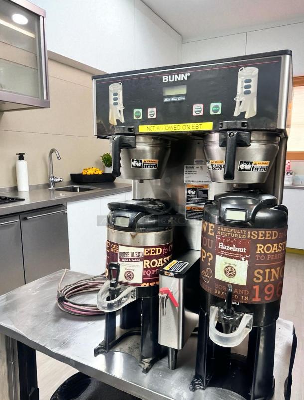 Bunn Dual Coffee Brewer with Airpots, excellent condition, fully tested, operational, visible labels and controls.
