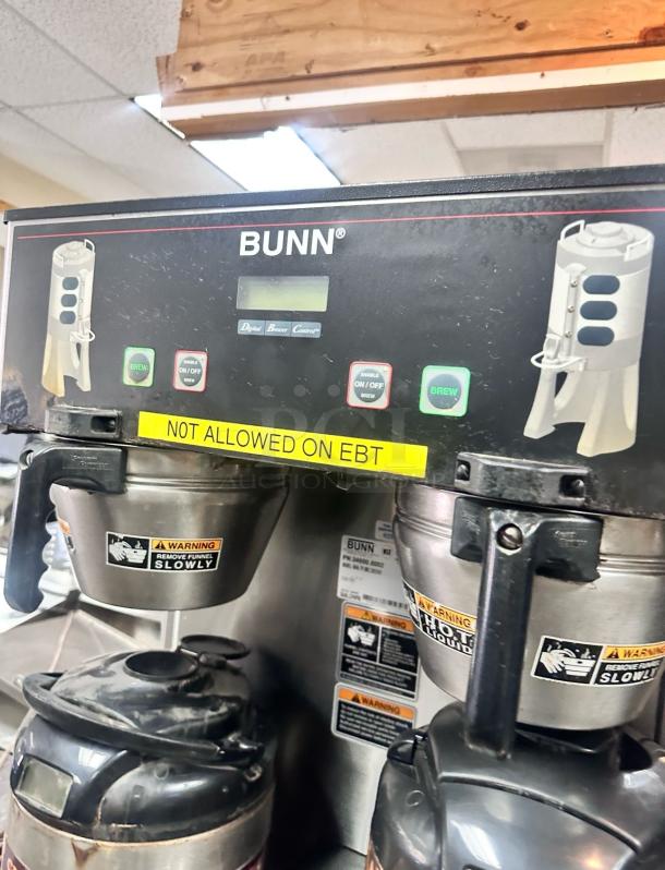 Bunn Dual Coffee Brewer with Airpot System in excellent condition, fully tested and operational. Warning labels visible.