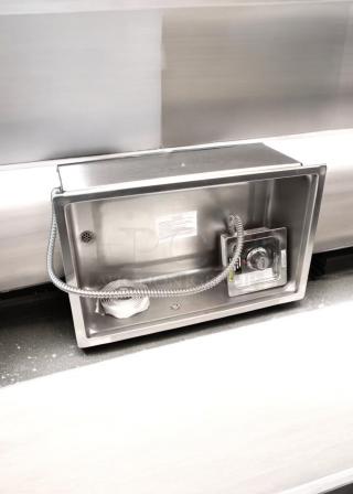 Stainless steel drop-in food warmer, excellent condition, fully tested, commercial model, operational controls visible.