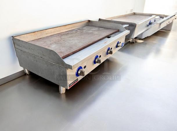 Globe 48" Commercial Gas Griddle in excellent condition, fully operational. Features robust knobs and Chef's Toys label.