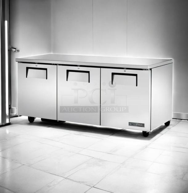 True TWT-93 93" 3-door worktop refrigerator in excellent condition; fully tested, operational, stainless steel finish.
