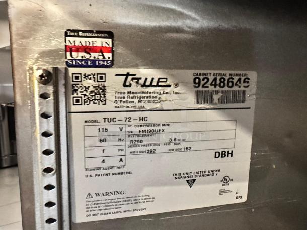 True TWT-93 3-Door Worktop Refrigerator, excellent condition, fully tested. Label shows serial number 9248646 and details.