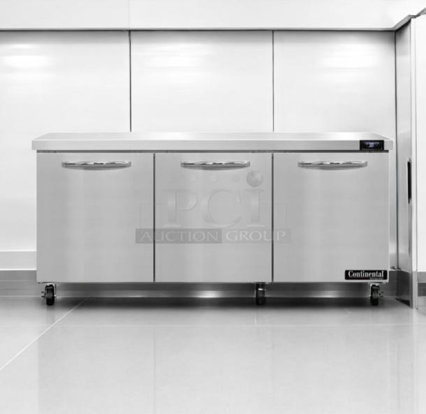 Continental 3-Door Undercounter Refrigerator in excellent condition, fully tested, stainless steel finish, model label visible.