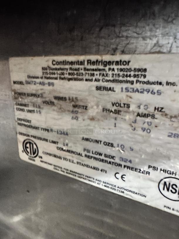 Continental 3-Door Undercounter Refrigerator label shows model SW72-AS-BS, serial 153A2965, fully tested and operational.