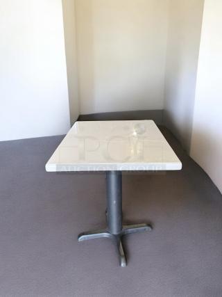 Commercial square dining table, excellent condition, heavy-duty, fully tested, ready for use, black pedestal base.