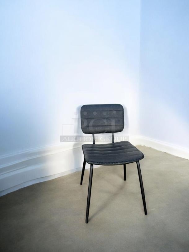 Black metal frame dining chair with upholstered seat and back, excellent condition, General Commercial model, set of 4.