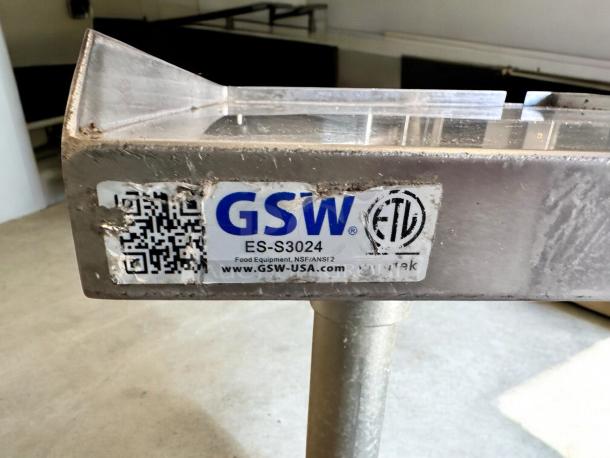 GSW Stainless Steel Work Table, Model ES-S3024, 30"x24", with undershelf, excellent condition, visible label.