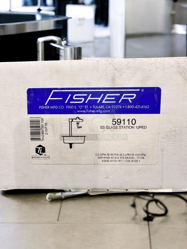 Brand new Fisher 59110 stainless steel glass filler station, 12" pedestal, NSF certified, in packaging with label details.