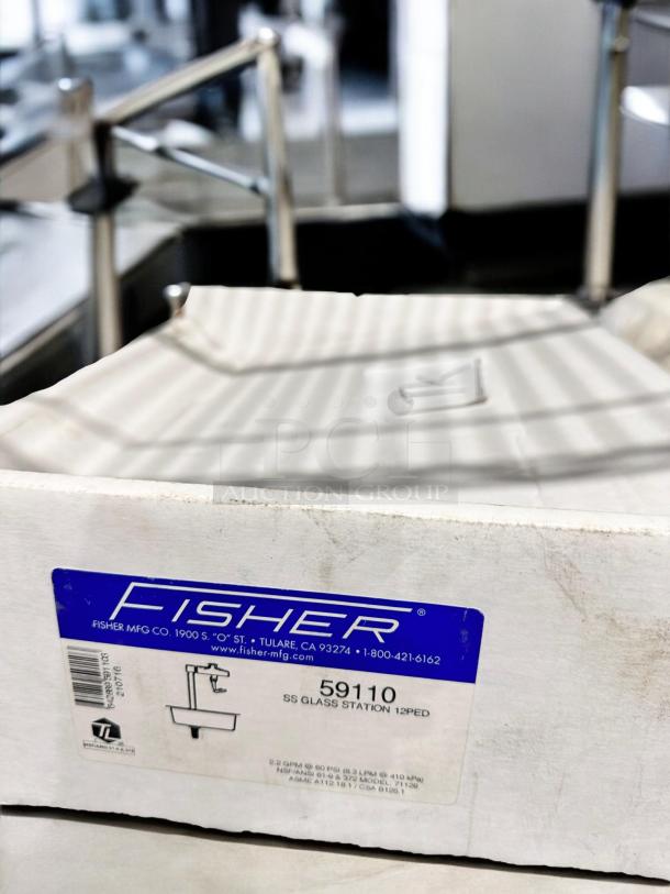 Brand New Fisher 59110 Stainless Steel Glass Filler Station, 12" Pedestal, NSF Certified, model SS Glass Station 12PED.