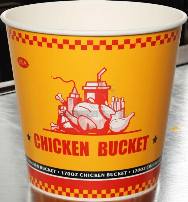 Brand New Choice 170 oz Chicken Bucket with Lid, food-grade paper, case of 120. Yellow design with red checkered trim.