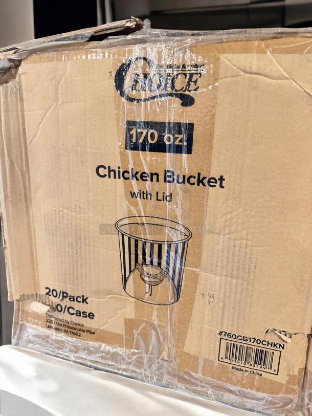 Case of 120 brand new Choice 170 oz chicken buckets with lids. Food-grade paper, sealed box with clear label.