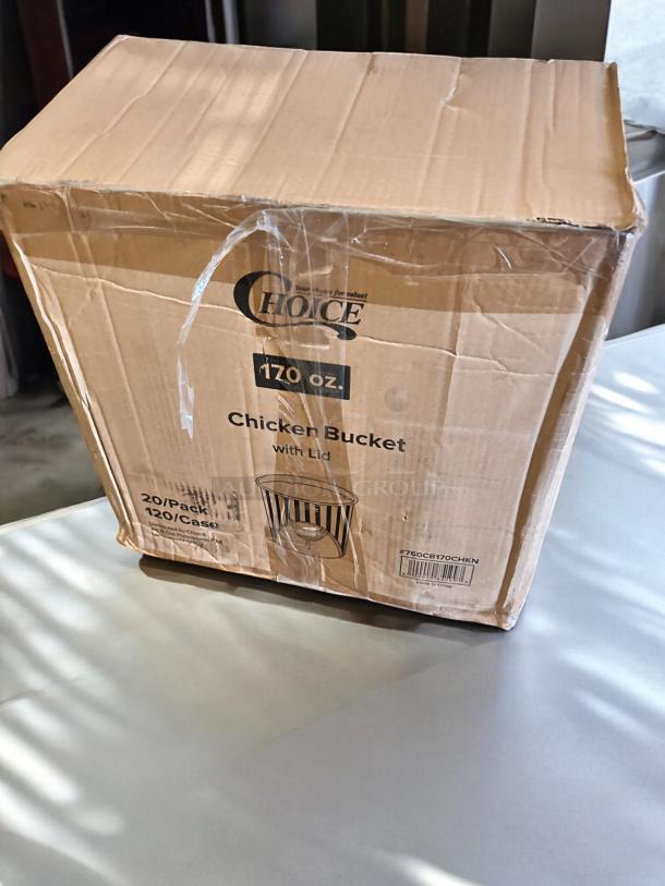 Case of 120 Choice 170 oz Chicken Buckets with Lids, new condition, in original packaging, designed for food storage.