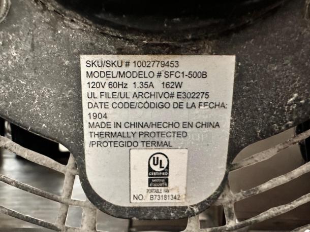 Commercial Electric SFC1-500B 20" high-velocity floor fan. 162W, 120V, fully tested, and working condition. Label details model and UL certification.