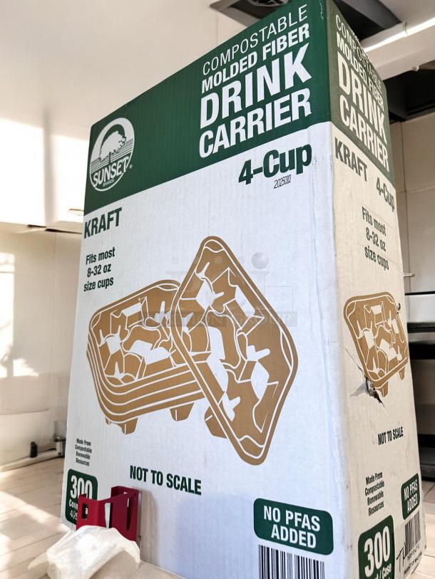 Box of Sunset Brands 4-Cup Compostable Drink Carriers, Kraft, case of 300. Eco-friendly, fits 8-32 oz cups, brand new.
