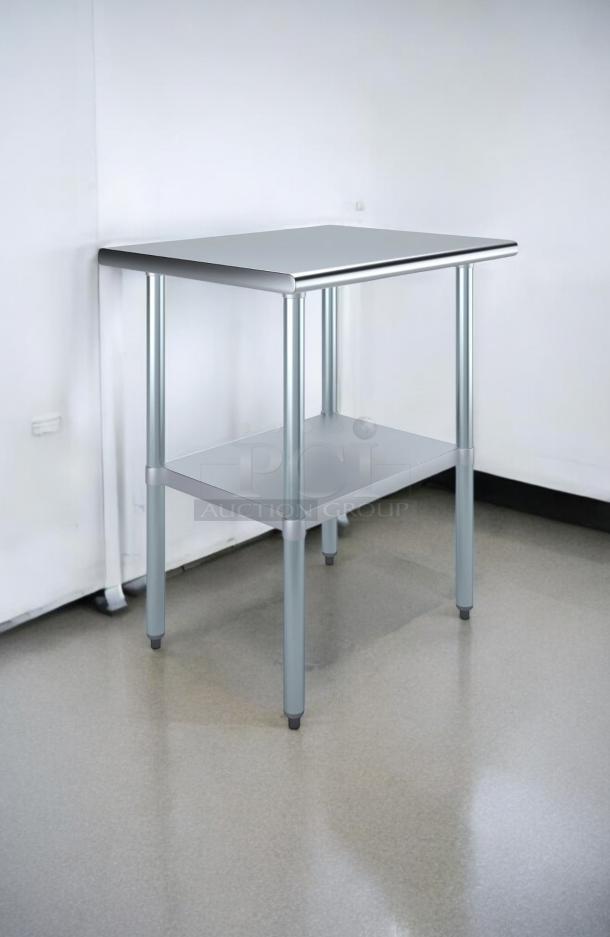 Commercial stainless steel work table, 24"W x 30"D x 34"H, excellent condition, features undershelf, fully tested.