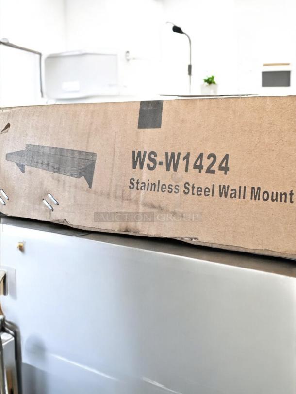 Brand new GSW WS-W1424 stainless steel wall mount shelf, heavy-duty, NSF listed, in original packaging.