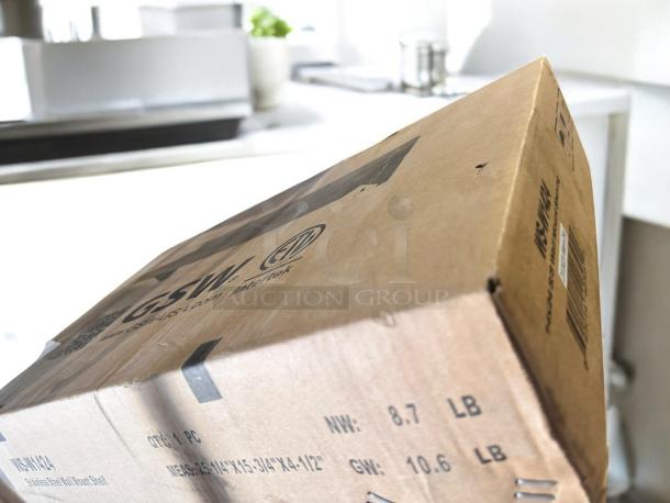 Brand new GSW WS-W1424 stainless steel wall mount shelf in original packaging, NSF listed, heavy-duty design.