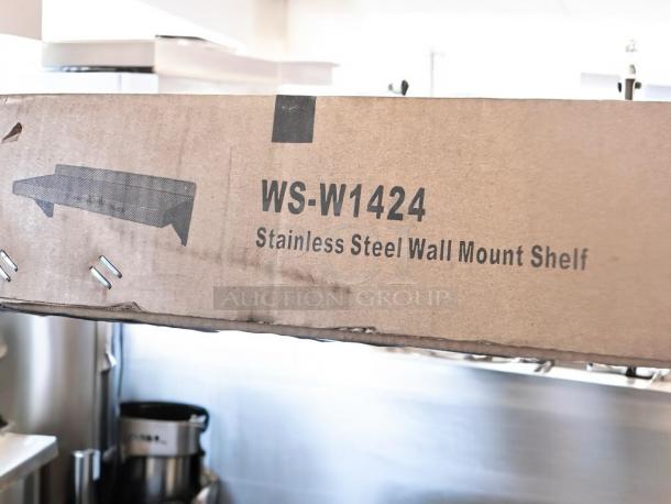 Brand new GSW WS-W1424 stainless steel wall mount shelf in box, heavy-duty, NSF listed, model visibly marked on packaging.