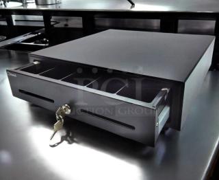 Brand new heavy-duty POS cash drawer, Toast compatible, key lock, four compartments, sleek black design, fully functional.