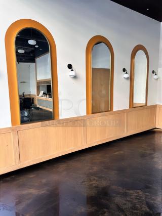 Set of 3 arched wall mirrors with golden frames, custom commercial/decorative make, excellent condition, inspected.